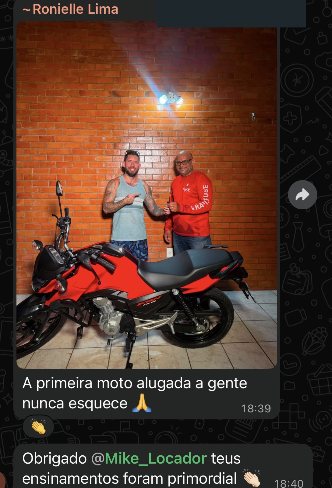 Ronielle Lima — Aluno · Curso Mestre Locador · Primeira moto alugada · Fortaleza-CE